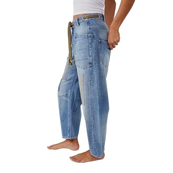 Free People Moxie Low Rise Pull-On Barrel Jeans Color Truest Blue - Picture 3 of 4